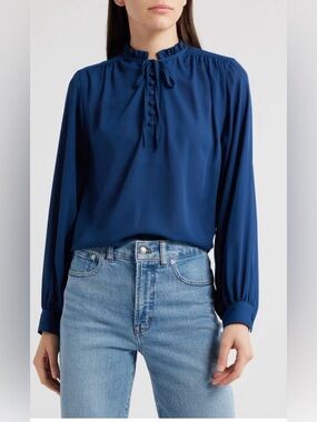 NWT Madewell Classic Navy Ruffle Tie-Neck Blouse - Shay Long Sleeve Chiffon Top